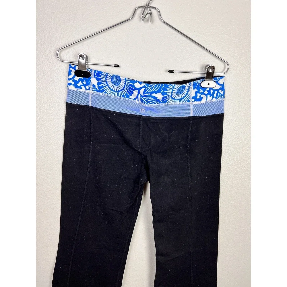 Lululemon Wide Leg Pant Size 8R‎ Black W/ Blue Print Waist Band Legging Flare